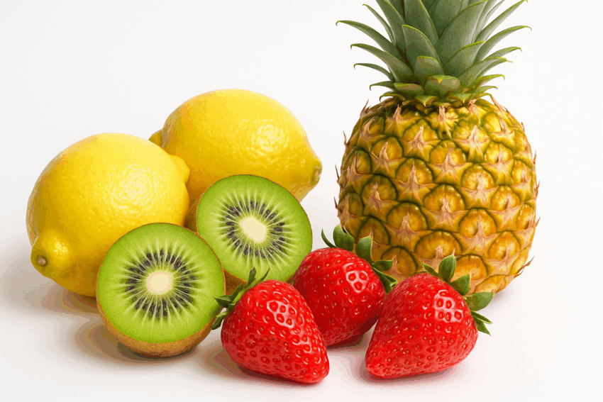 A colorful flat lay of kiwi, strawberries, red bell peppers, mango, and guava on a white background illustrating a guide to vitamin C–rich foods that boost immunity beyond oranges.