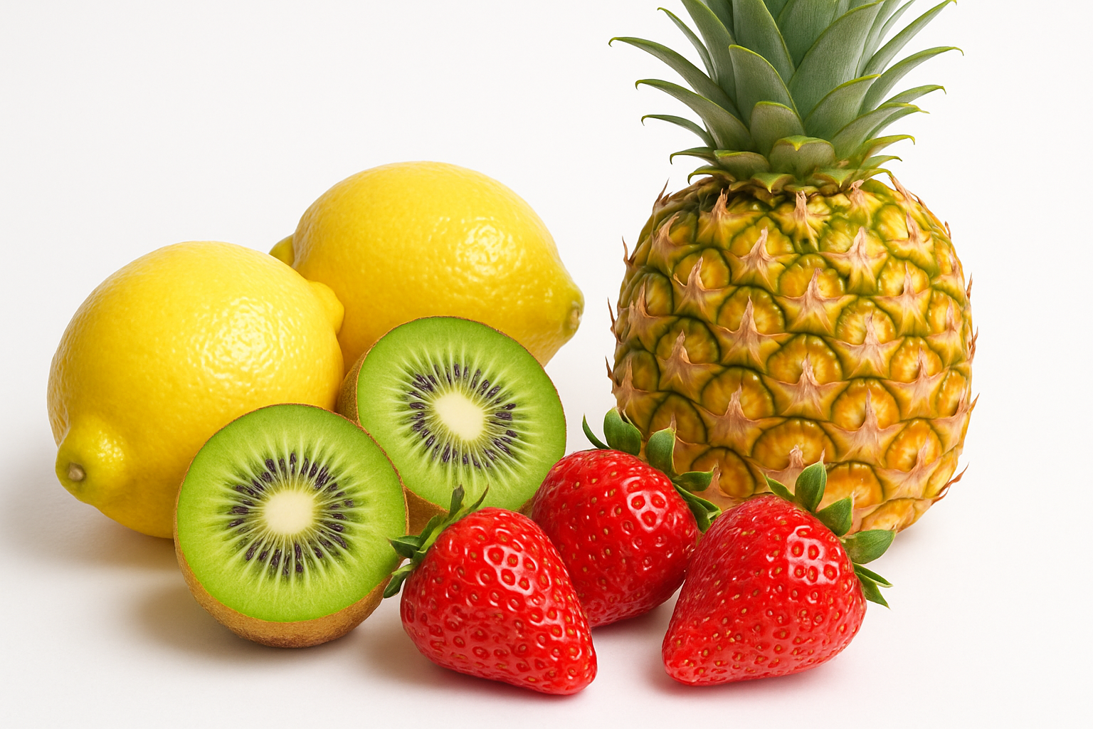 A colorful flat lay of kiwi, strawberries, red bell peppers, mango, and guava on a white background illustrating a guide to vitamin C–rich foods that boost immunity beyond oranges.