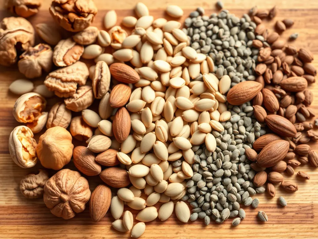 Assorted nuts and seeds including walnuts, almonds, and sunflower seeds that support heart health